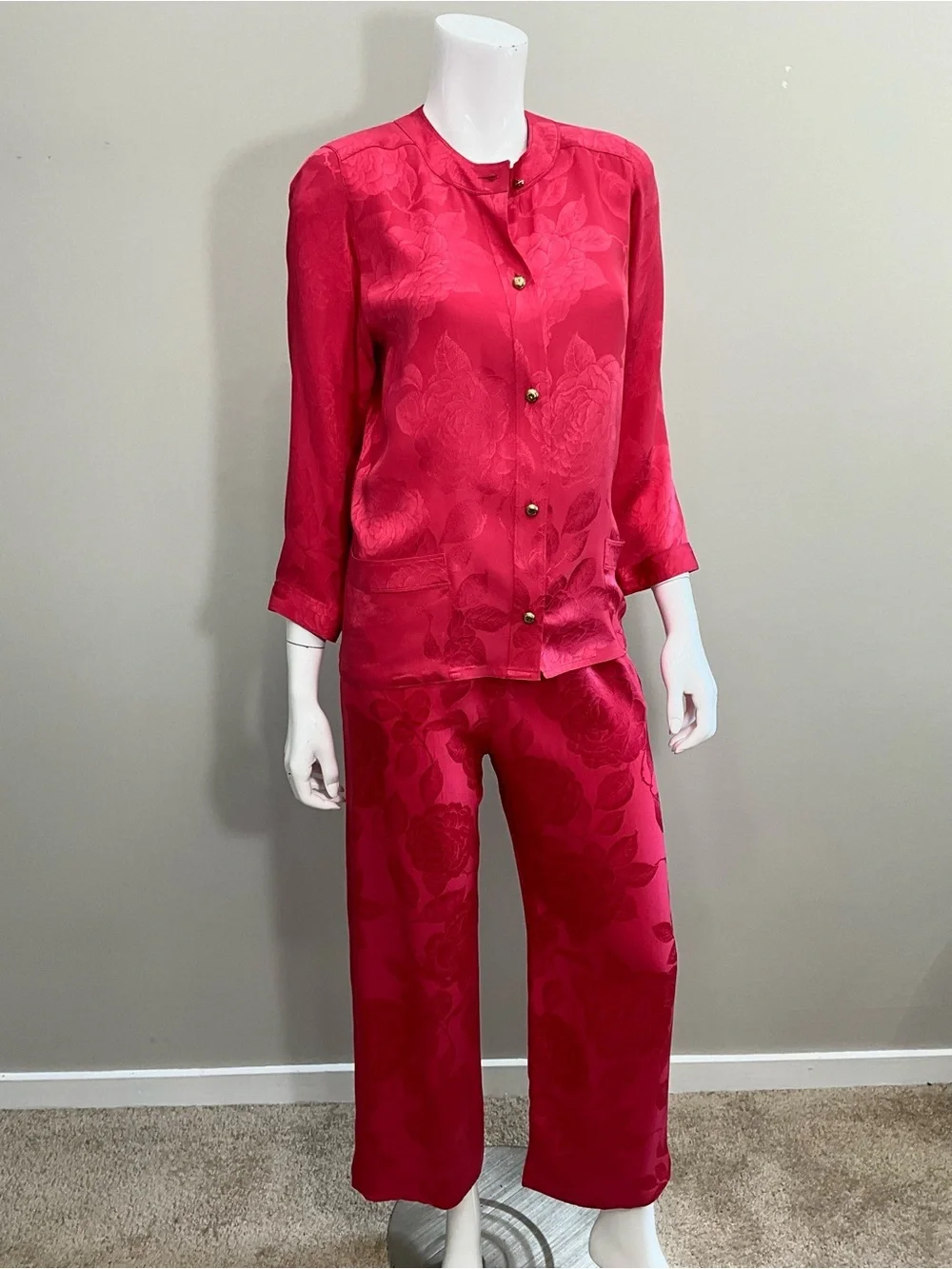 CHANEL Vintage 3 Pc Red Silk Floral Jacquard Pantsuit Set Jacket Top Pants XS/S